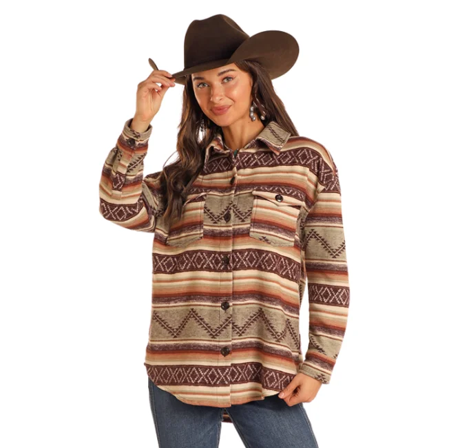 Rock & Roll Cowgirl Women's Jade Aztec Shirt Jacket BW92C05268 Knit Fabric Woven Fabric Fleece Fabric Rock & Roll Cowgirl Women's Jade Aztec Shirt Jacket BW92C05268 Knit Fabric Woven Fabric Fleece Fabric