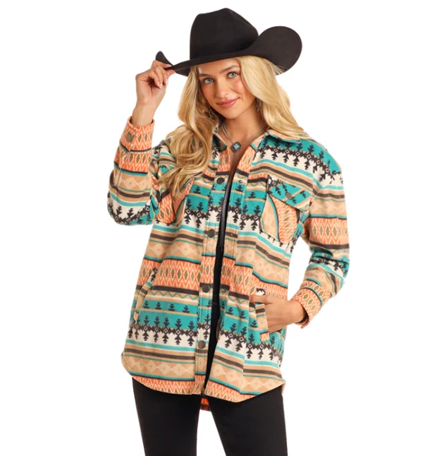 Rock & Roll Cowgirl Women's Turquoise Aztec Fleece Shirt Jacket BW92C05212 Faux Fur Fabric Real Fur Fabric Shearling Fabric Rock & Roll Cowgirl Women's Turquoise Aztec Fleece Shirt Jacket BW92C05212 Faux Fur Fabric Real Fur Fabric Shearling Fabric