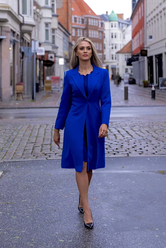 VALENTINA (STRONG) ROYAL BLUE LONG BLAZER JACKET W. DOUBLED COLLAR DETAIL Satin Fabric Silk Fabric Chiffon Fabric VALENTINA (STRONG) ROYAL BLUE LONG BLAZER JACKET W. DOUBLED COLLAR DETAIL Satin Fabric Silk Fabric Chiffon Fabric