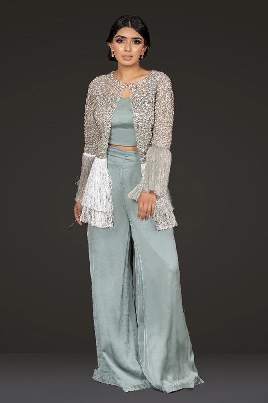 Stylish Jacket with Fringes, paired with palazoo Wool Jacket Cashmere Jacket Tweed Jacket Stylish Jacket with Fringes, paired with palazoo Wool Jacket Cashmere Jacket Tweed Jacket