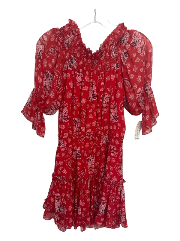 Misa Size M Red & Multi Viscose Paisley All Over Print Smocked Semi Sheer Dress