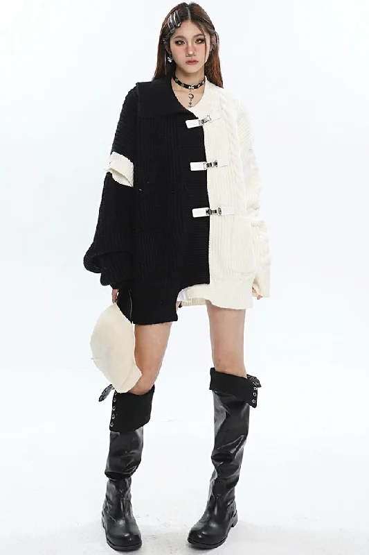Cruella Patchwork Multi Buckle Straps Contrast Color Long Sleeve Lapel Sweater Solid Print Embellished Cruella Patchwork Multi Buckle Straps Contrast Color Long Sleeve Lapel Sweater Solid Print Embellished