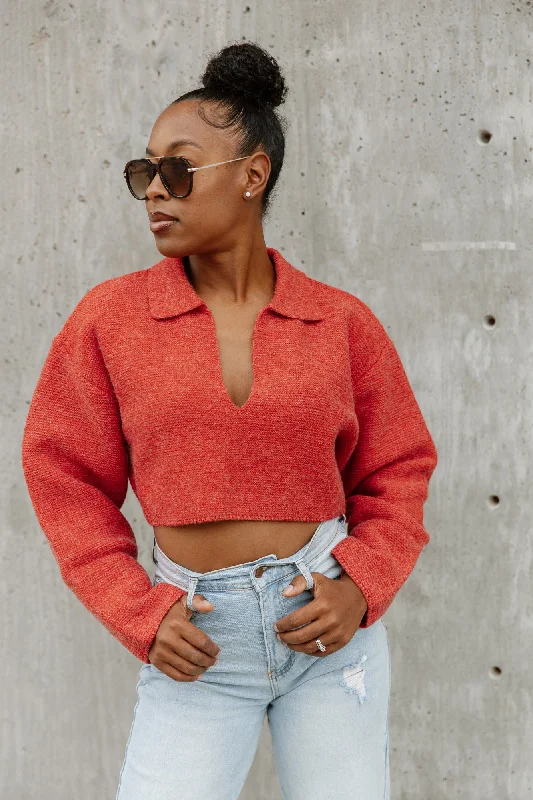 CHEYENNE V-NECK COLLAR WITH DROP SHOULDER SWEATER IN RED Mesh Blend Leather Blend Suede Blend CHEYENNE V-NECK COLLAR WITH DROP SHOULDER SWEATER IN RED Mesh Blend Leather Blend Suede Blend