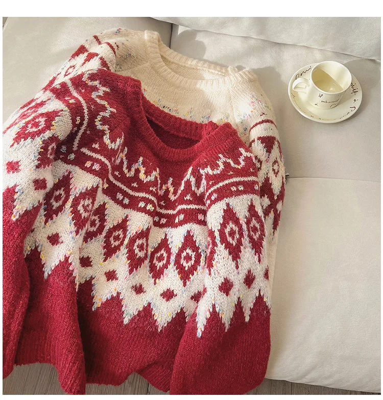 Christmas Jacquard Sweater Women's Round Neck Knitted Top S4847 Boxy Sweater Fitted Sweater A-Line Christmas Jacquard Sweater Women's Round Neck Knitted Top S4847 Boxy Sweater Fitted Sweater A-Line