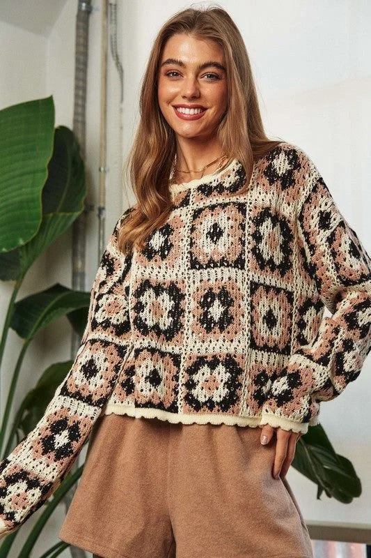 Davi & Dani Crochet Patchwork Round Neck Pullover Sweater Top Jersey Fabric Tulle Fabric Batik Fabric Davi & Dani Crochet Patchwork Round Neck Pullover Sweater Top Jersey Fabric Tulle Fabric Batik Fabric