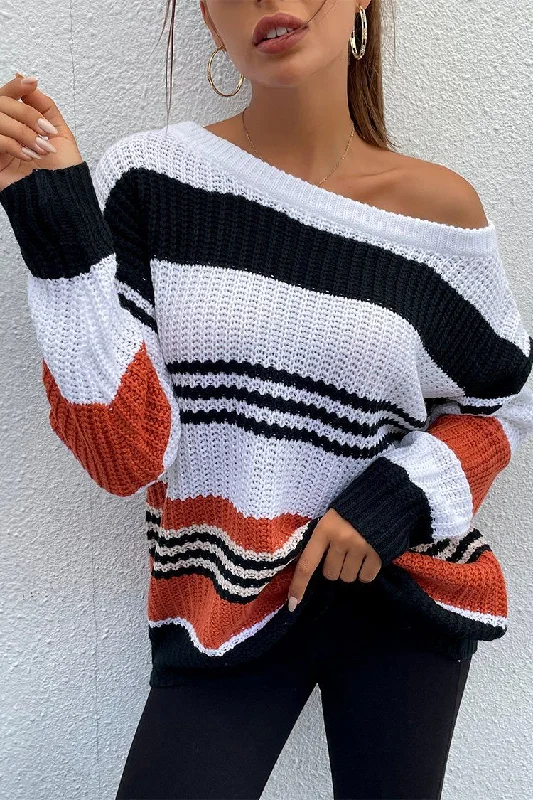 Long Sleeve Color Block Crew Neck Knit Oversized Sweater Elasticated Padded Insulated Long Sleeve Color Block Crew Neck Knit Oversized Sweater Elasticated Padded Insulated
