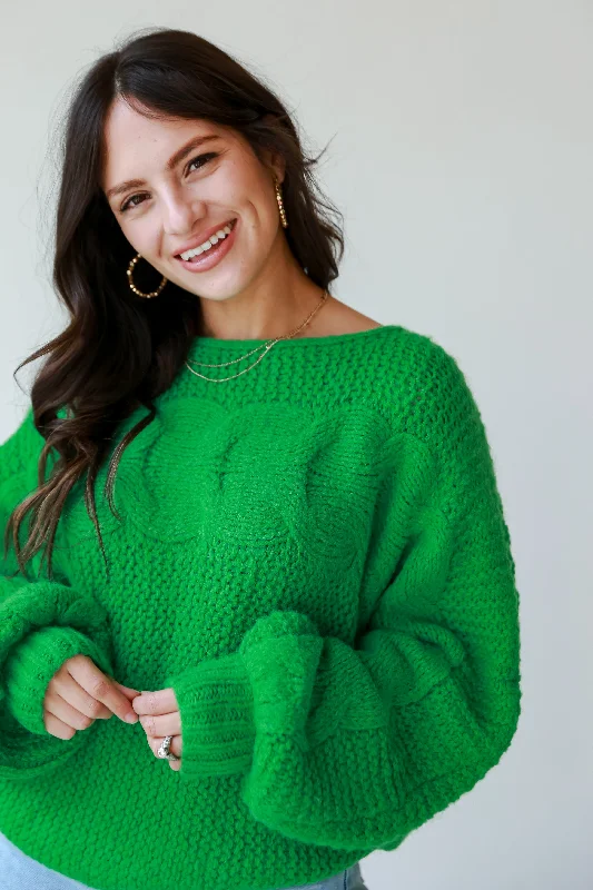 FINAL SALE - Luxe Outing Kelly Green Cable Knit Oversized Sweater Front Pockets Side Pockets Patch Pockets FINAL SALE - Luxe Outing Kelly Green Cable Knit Oversized Sweater Front Pockets Side Pockets Patch Pockets