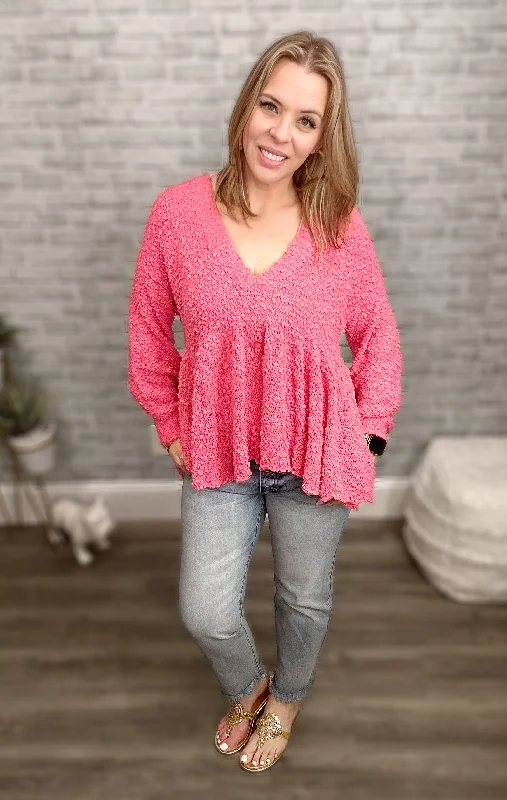 "Take a Spin" V-Neck Babydoll Sweater in Bubble Gum Pink {POL} Oversized Loose Flowy "Take a Spin" V-Neck Babydoll Sweater in Bubble Gum Pink {POL} Oversized Loose Flowy
