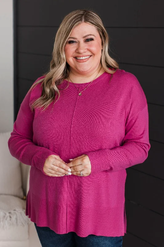 Ready For Anything Knit Sweater- Fuchsia Hooded Caped Shawl Collar