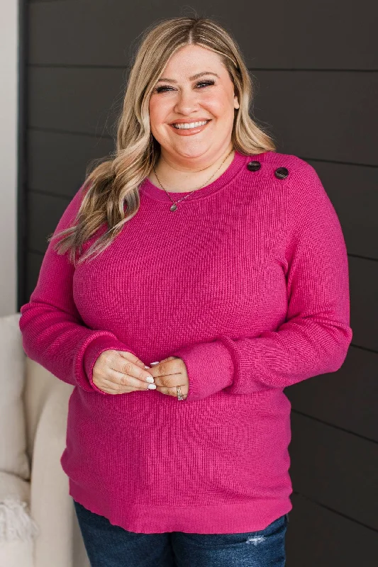 Reasons To Smile Knit Sweater- Hot Pink Solid Color Striped Floral Print