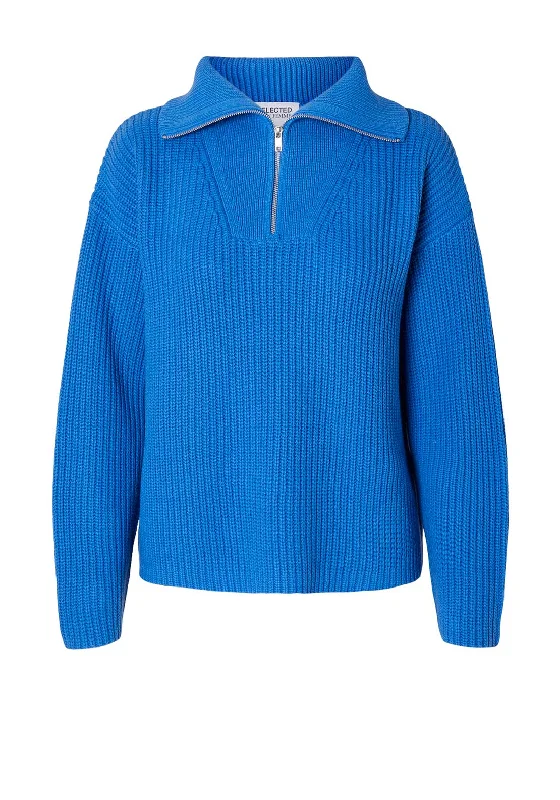 Selected Femme Bloomie Half Zip Knit Jumper, Super Sonic Elasticated Padded Insulated Selected Femme Bloomie Half Zip Knit Jumper, Super Sonic Elasticated Padded Insulated