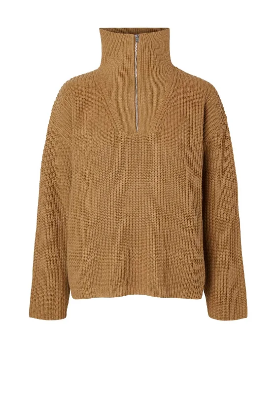 Selected Femme Bloomie Half Zip Knit Jumper, Tobacco Brown Boat Neck Shawl Collar Notched Collar Selected Femme Bloomie Half Zip Knit Jumper, Tobacco Brown Boat Neck Shawl Collar Notched Collar
