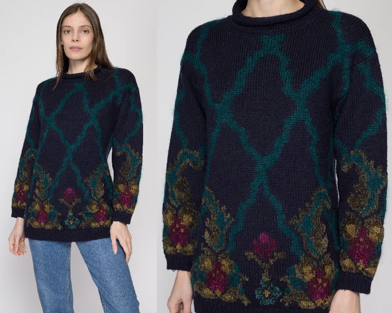 Small 90s Navy Blue Argyle Floral Roll Neck Sweater Chenille Blend Fleece Blend Nylon Blend Small 90s Navy Blue Argyle Floral Roll Neck Sweater Chenille Blend Fleece Blend Nylon Blend