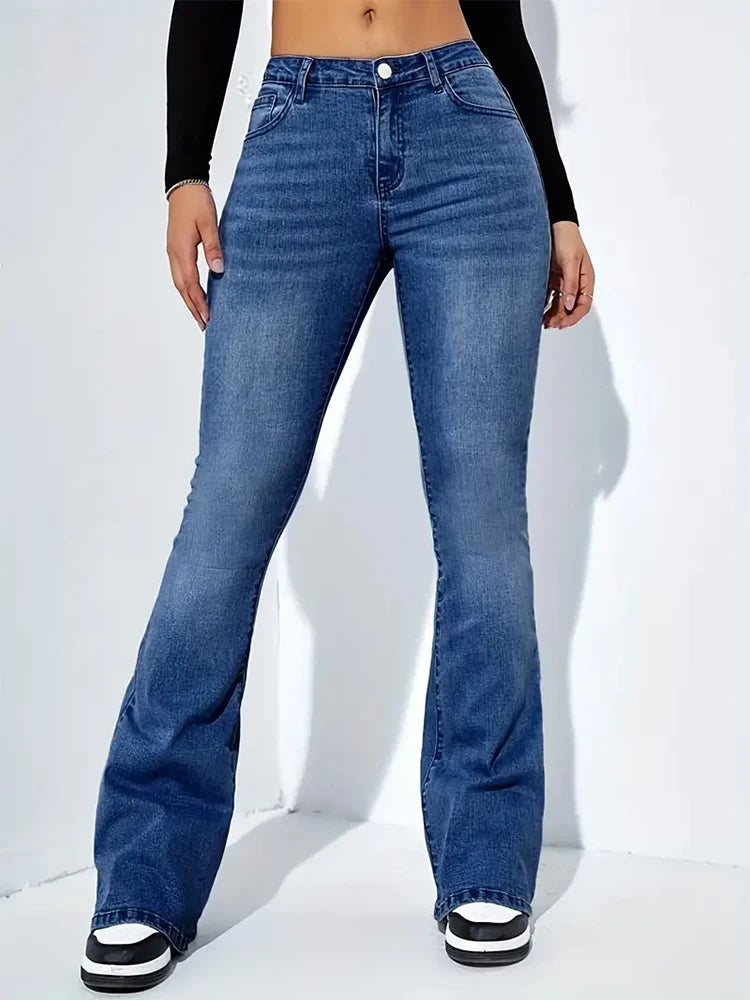 Elegant Women Flare Stretch Moustache Jeans Skinny Bell Bottom High Waist Denim Trendy Low-Rise Bootcut Jeans