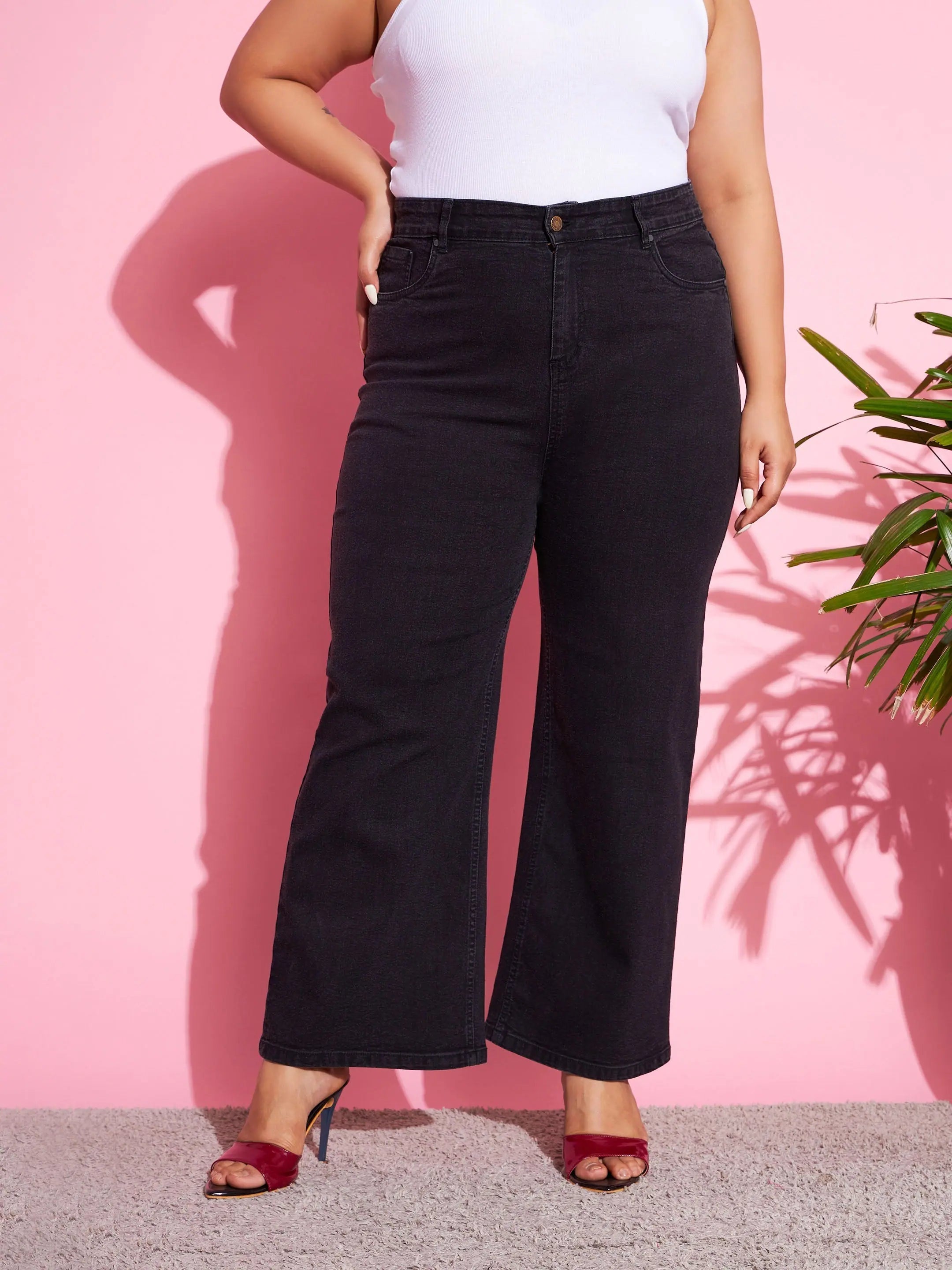 Women Black Acid Wash Denim Bell Bottom Jeans Casual Wide-Legged Denim Jeans