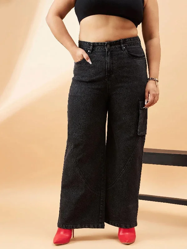 Women Black Acid Wash Side Pocket Detail Straight Jeans Trendy Low-Rise Bootcut Jeans Women Black Acid Wash Side Pocket Detail Straight Jeans Trendy Low-Rise Bootcut Jeans
