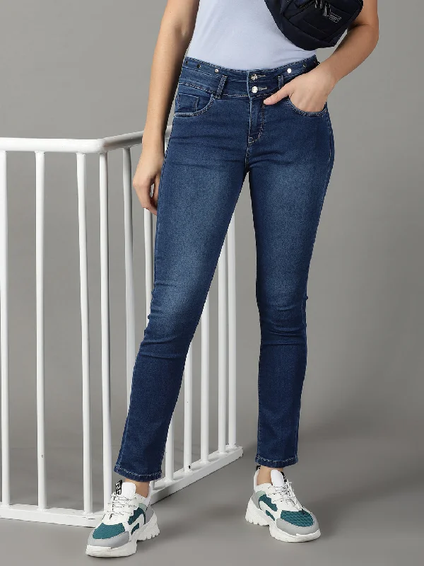 Women Solid Navy Blue Tapered Fit Denim Jeans-CR-7972-Navyblue Elegant Tapered Leg Denim Women Solid Navy Blue Tapered Fit Denim Jeans-CR-7972-Navyblue Elegant Tapered Leg Denim