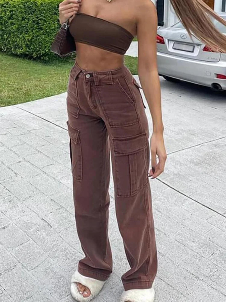 Women Wide Leg Baggy Brown Jeans Lady Vintage Y2K Punk High Waist Loose Denim Casual Distressed Skinny Jeans Women Wide Leg Baggy Brown Jeans Lady Vintage Y2K Punk High Waist Loose Denim Casual Distressed Skinny Jeans