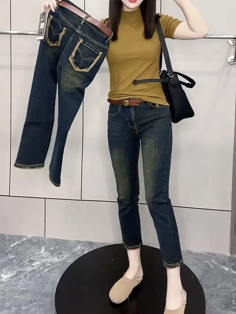 Y2k Women's Jeans Retro Straight Leg Women's Jeans Large Size High Waist Stretch Comfortable Folded Hem Jeans Y2k Women's Jeans Retro Straight Leg Women's Jeans Large Size High Waist Stretch Comfortable Folded Hem Jeans