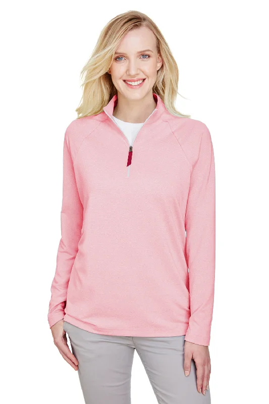 Devon & Jones Womens CrownLux Clubhouse Performance Moisture Wicking 1/4 Zip Sweatshirt - Red Hoodie with Raw Hem Edgy Unfinished