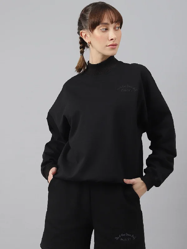 Fitkin Women Black Crew Neck Oversized Sweatshirt Hoodie with Typography Text Message Fitkin Women Black Crew Neck Oversized Sweatshirt Hoodie with Typography Text Message