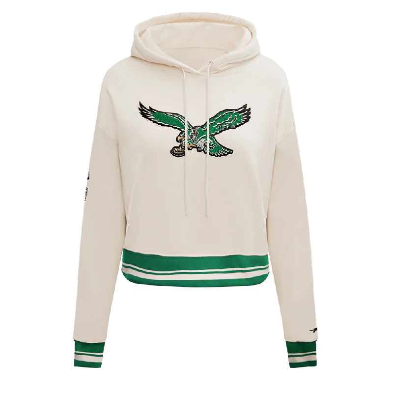 NFL PHILADELPHIA EAGLES RETRO CLASSIC WOMEN'S CROPPED PO HOODIE (EGGSHELL/KELLY GREEN) Hoodie with Hem Contrast Bold Stylish NFL PHILADELPHIA EAGLES RETRO CLASSIC WOMEN'S CROPPED PO HOODIE (EGGSHELL/KELLY GREEN) Hoodie with Hem Contrast Bold Stylish