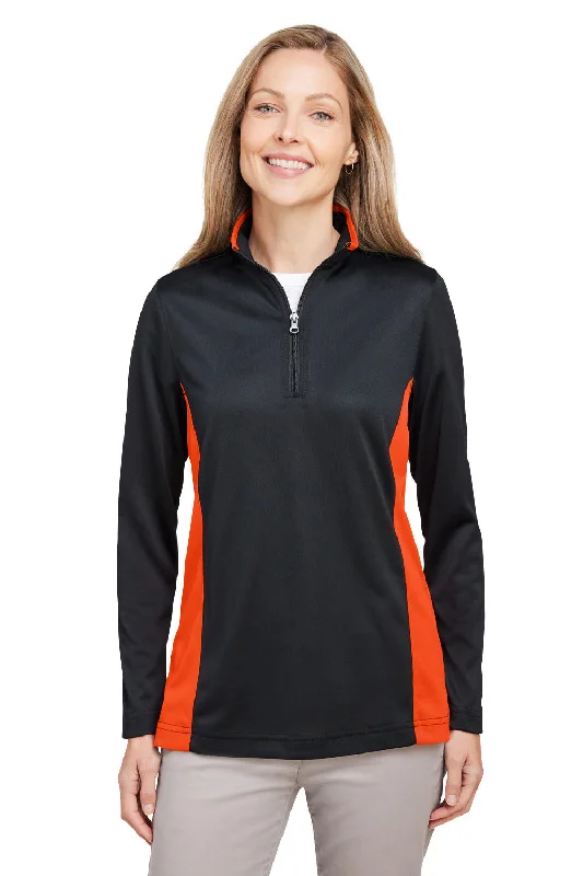 Harriton Womens Flash Performance Moisture Wicking Colorblock 1/4 Zip Sweatshirt - Black/Team Orange Hoodie with Set-In Sleeves Structured Classic