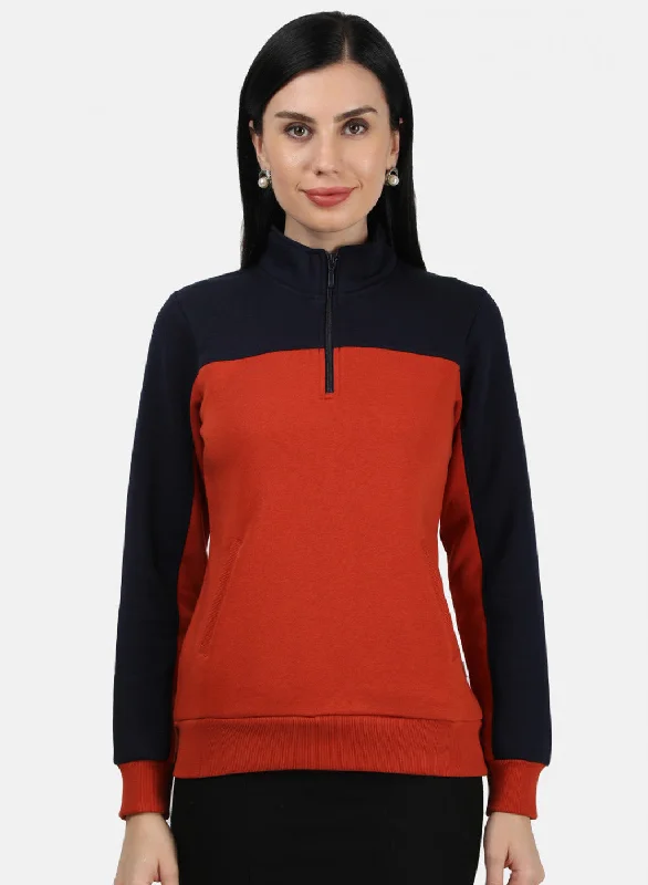 Women Orange & Navy Plain Sweatshirt Hoodie with Set-In Sleeves Structured Classic