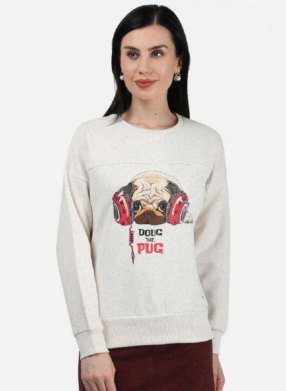 Women Beige Printed Sweatshirt Hoodie with Monochrome Minimalist Simple