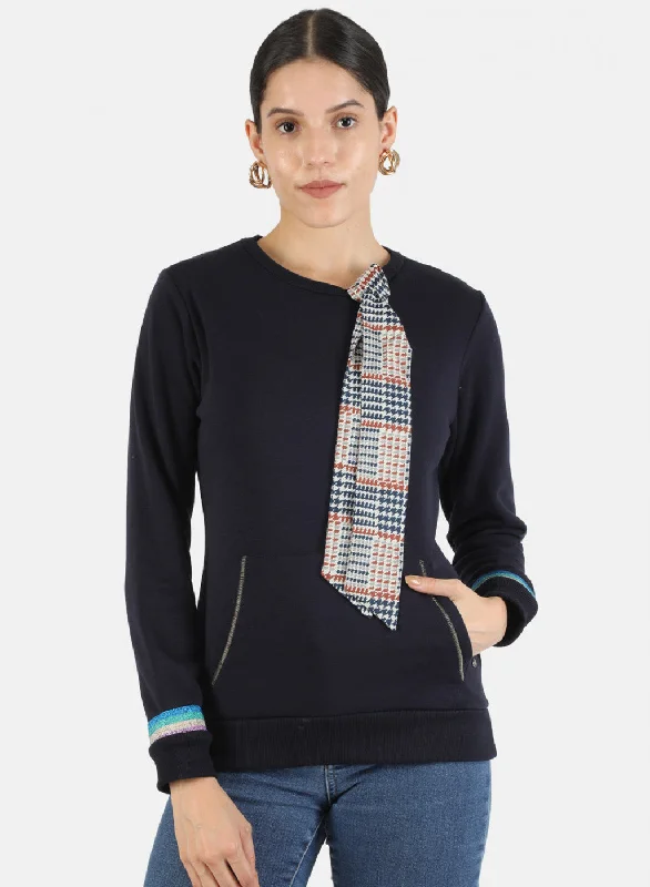 Women Navy Blue Solid Sweatshirt Hoodie with Patch Decorative Personalized