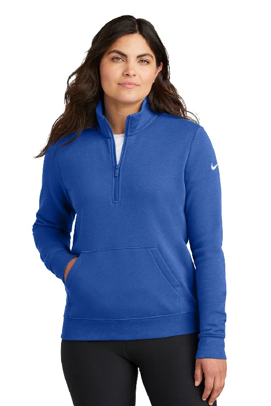 Nike Womens Club Fleece 1/4 Zip Sweatshirt w/ Pouch Pocket - Game Royal Blue - New Hoodie with Puffed Sleeves Voluminous Trendy