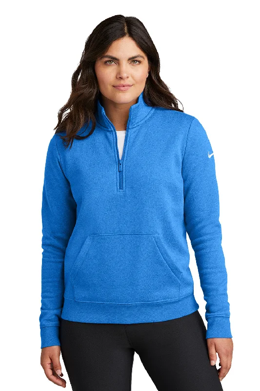Nike Womens Club Fleece 1/4 Zip Sweatshirt w/ Pouch Pocket - Heather Light Game Royal Blue - New Hoodie with Applique Textured Unique