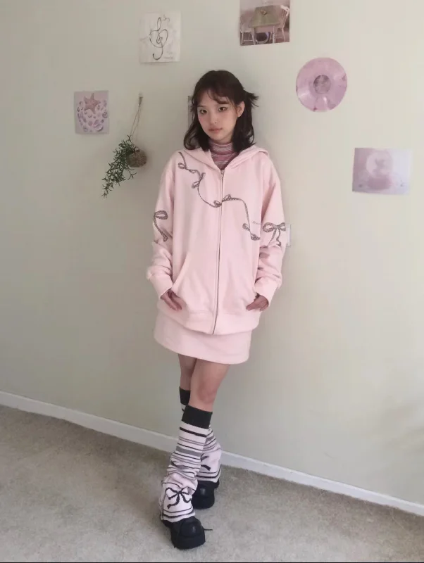 Sic Astra Soft Baby Pink Ribbon Hoodie Skirt Set low waist skirt